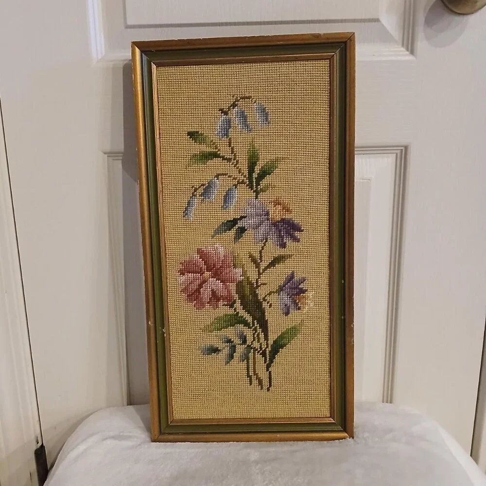 VTG MCM Floral Framed Needlepoint Embroidered Tapestry Weaving 18x 9 Cottagecore